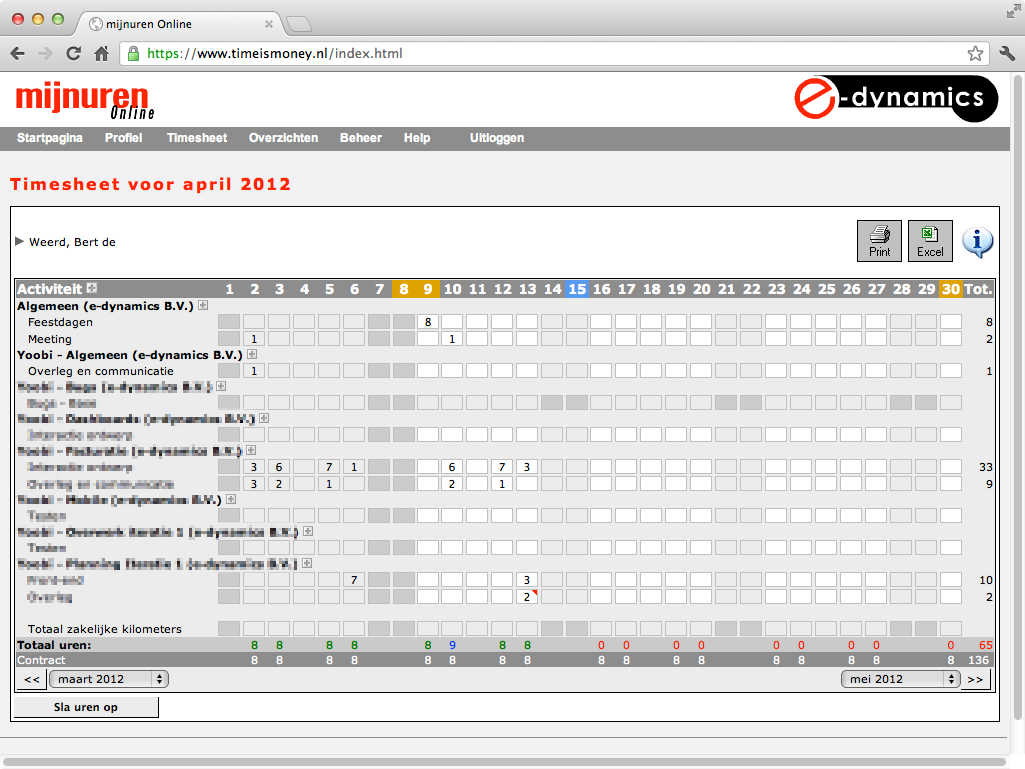 De timesheet van het bestaande product.