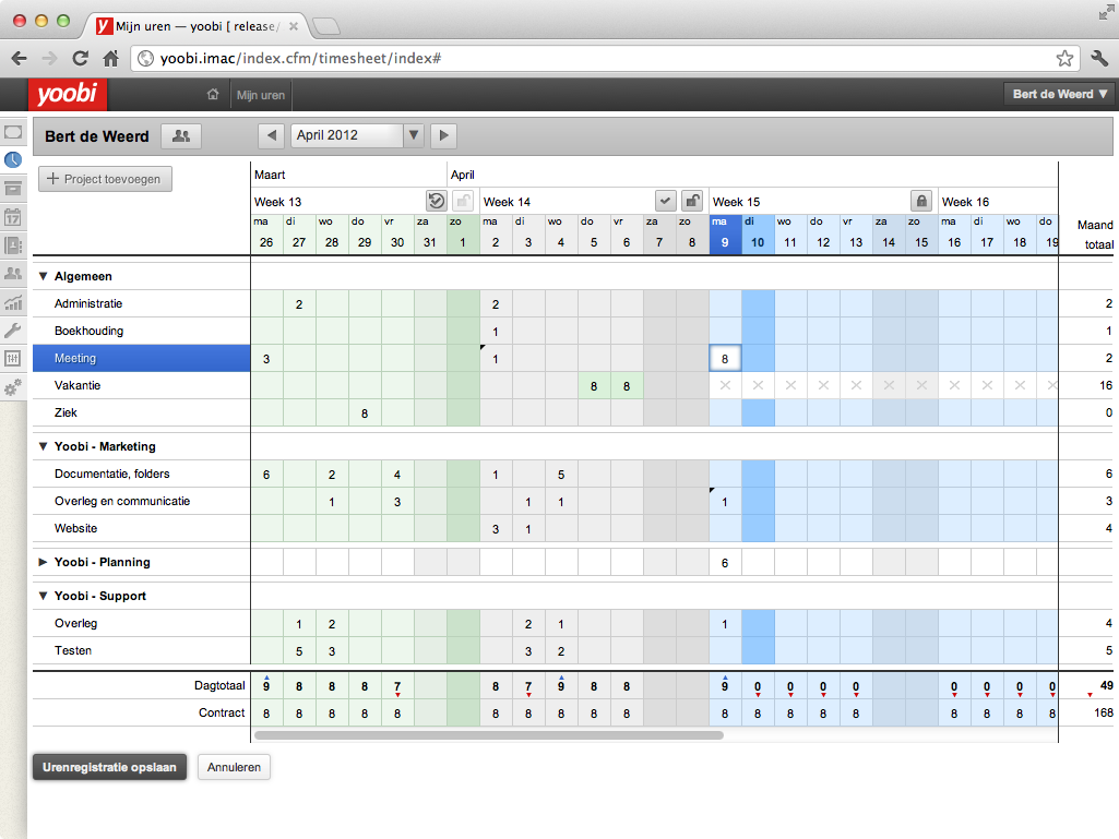 De timesheet van Yoobi.