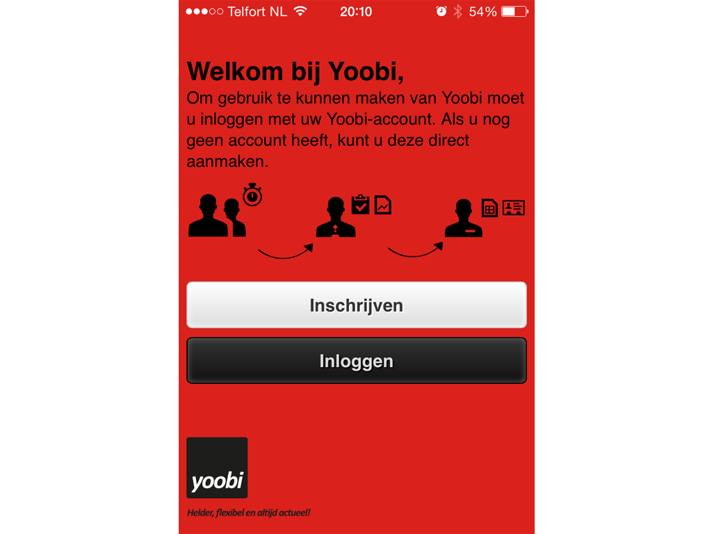 Het welkomstscherm van de Yoobi app.